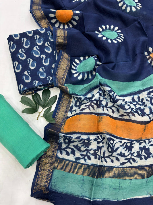 PARI - 3pc Maheshwari Silk Unstitched Bagru Print Dress Material