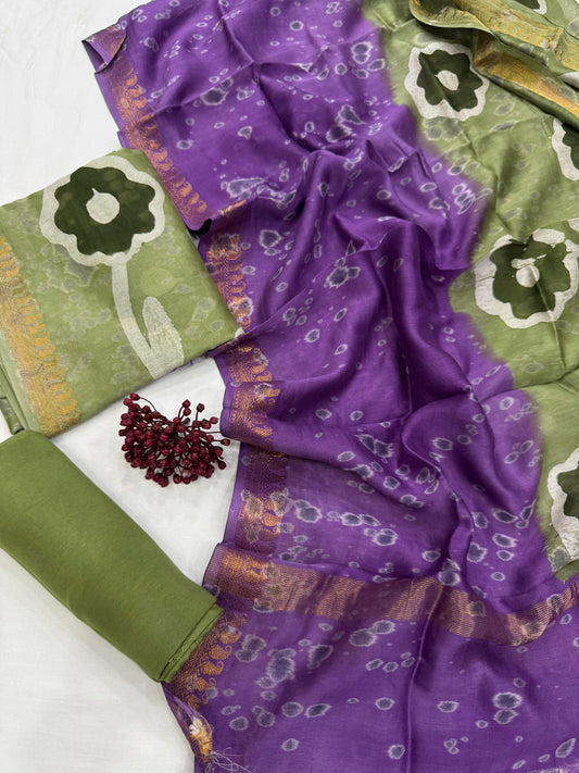 MINI - 3pc Maheshwari Silk Unstitched Bagru Print Dress Material