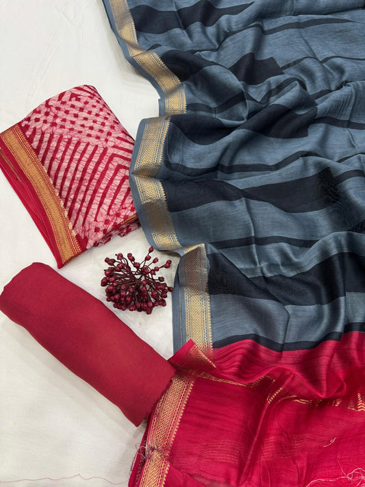 MAYA - 3pc Maheshwari Silk Unstitched Bagru Print Dress Material