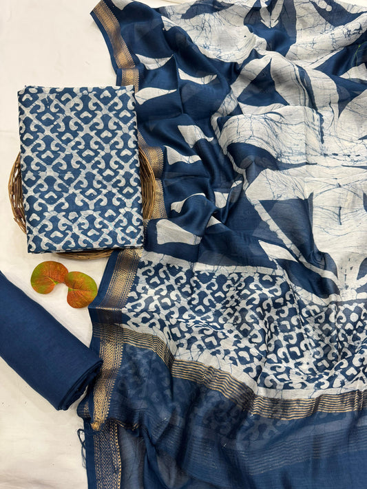 DEVI  - 3pc Maheshwari Silk Unstitched Bagru Print Dress Material