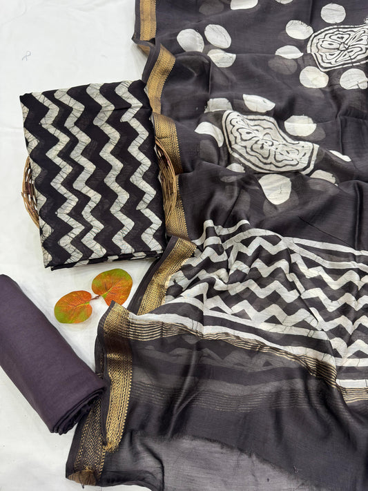 PRAGYA  - 3pc Maheshwari Silk Unstitched Bagru Print Dress Material