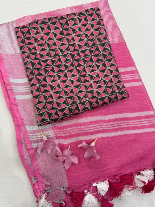 Handwoven cotton linen saree with minimalist design