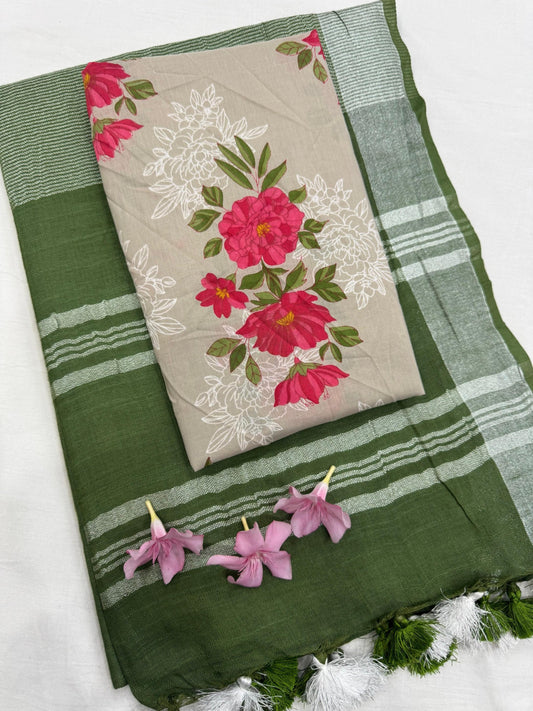 Jaipur plain cotton linen saree for gifting