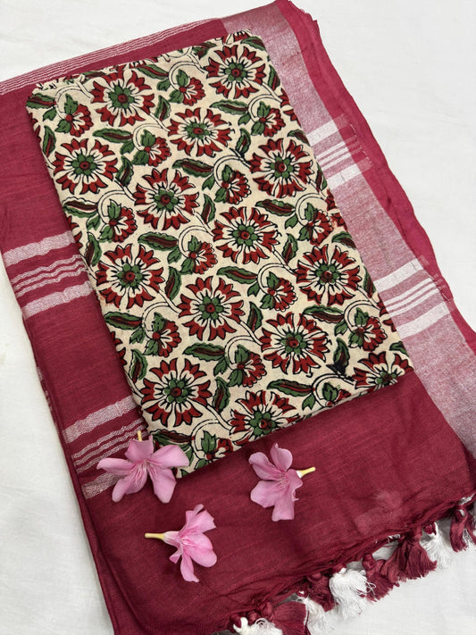 Handwoven cotton linen saree with minimalist design
