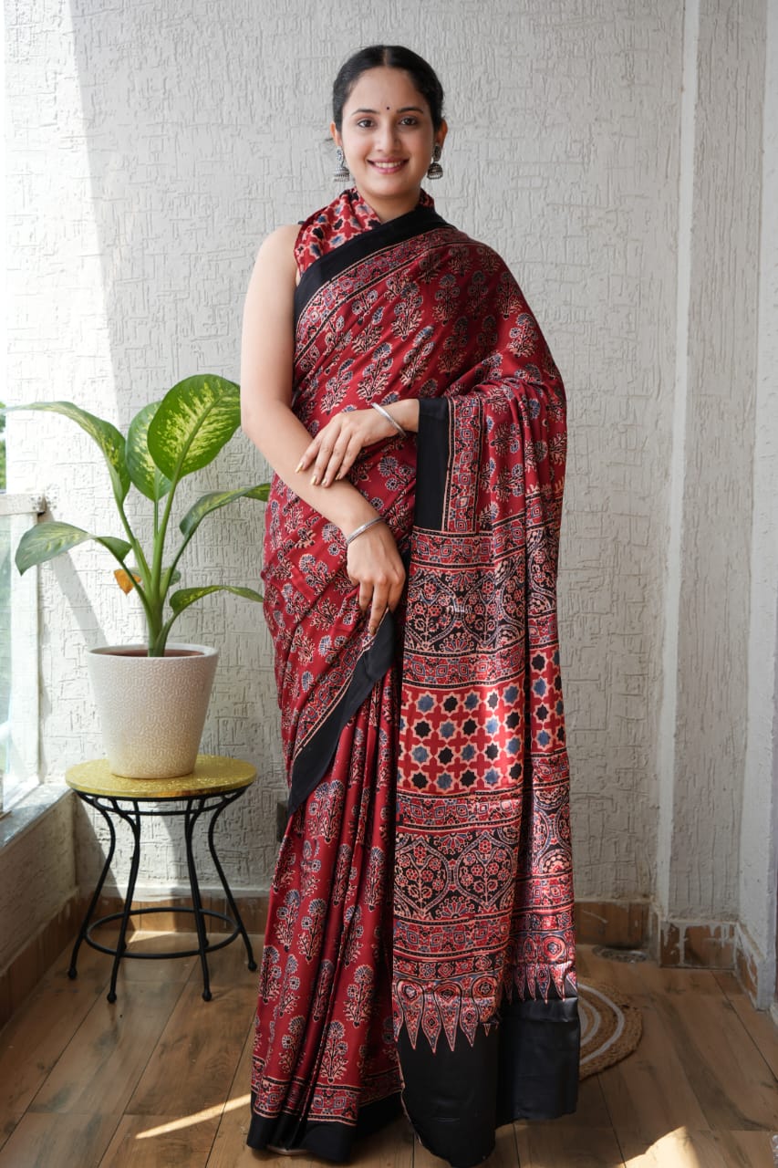 Handblock printed Ajrakh saree in deep blue and madder prints