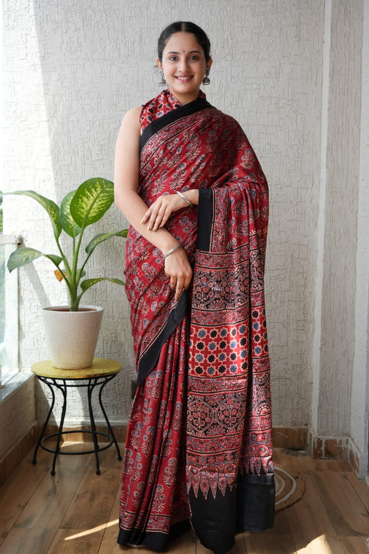 Handblock printed Ajrakh saree with madder geometric pattern
