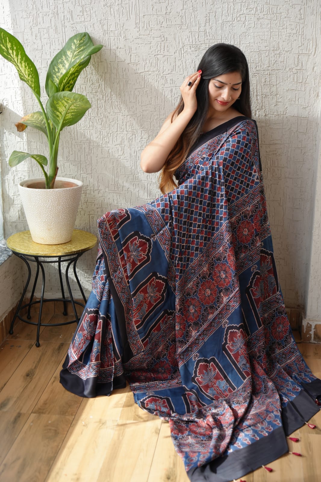 Handblock printed Ajrakh saree in natural indigo and madder red
