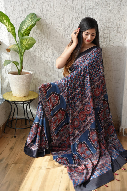 Handblock printed Ajrakh saree in natural indigo and madder red