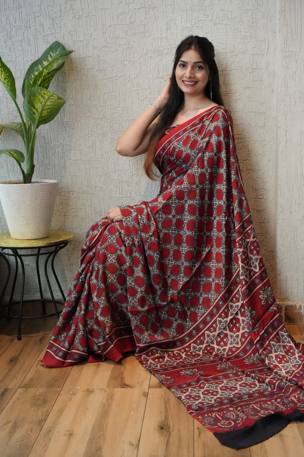 Handblock printed Ajrakh saree in natural indigo and madder red