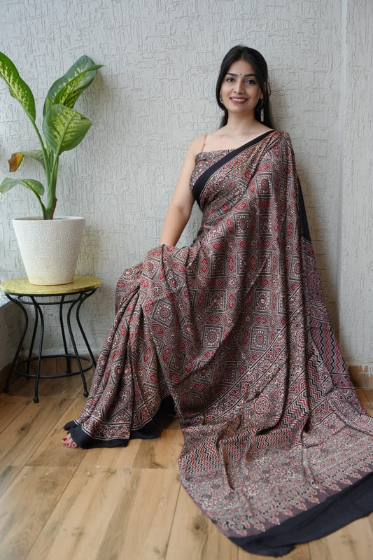 Handblock printed Ajrakh saree in natural indigo and madder red