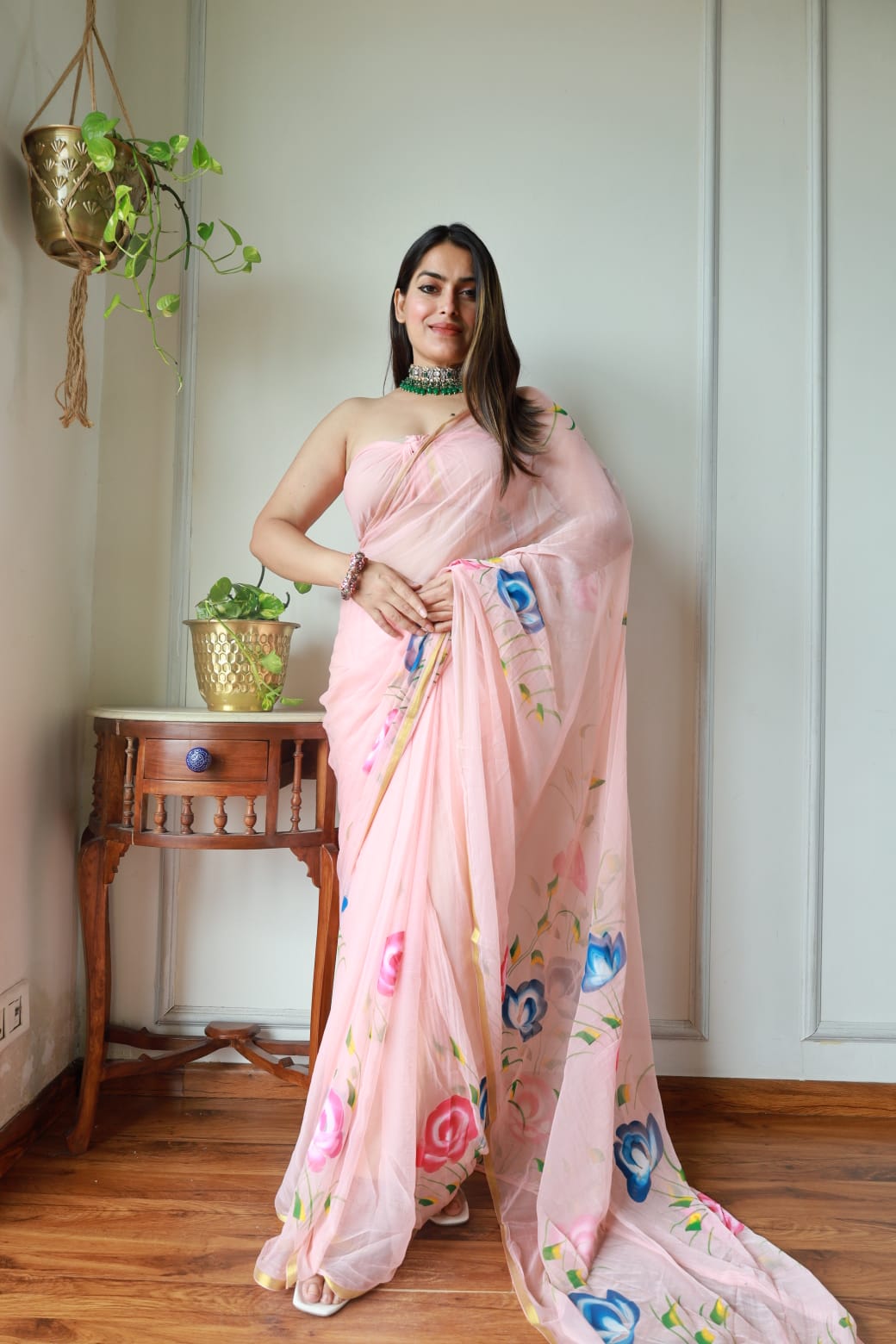 Jaipur handcrafted chiffon saree in delicate floral patterns