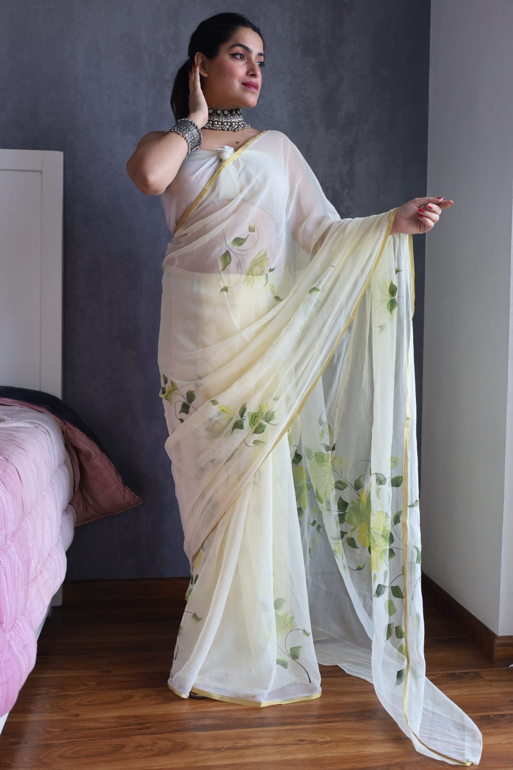 Soft chiffon saree handpainted by skilled Jaipur artisans