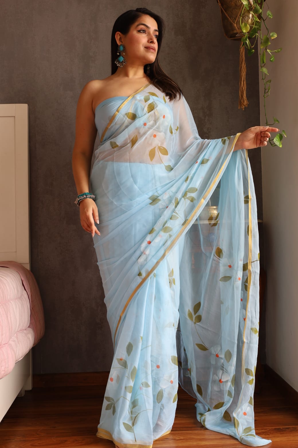 Slow-made artisan chiffon saree with unique handpainted designs