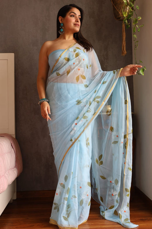 Slow-made artisan chiffon saree with unique handpainted designs