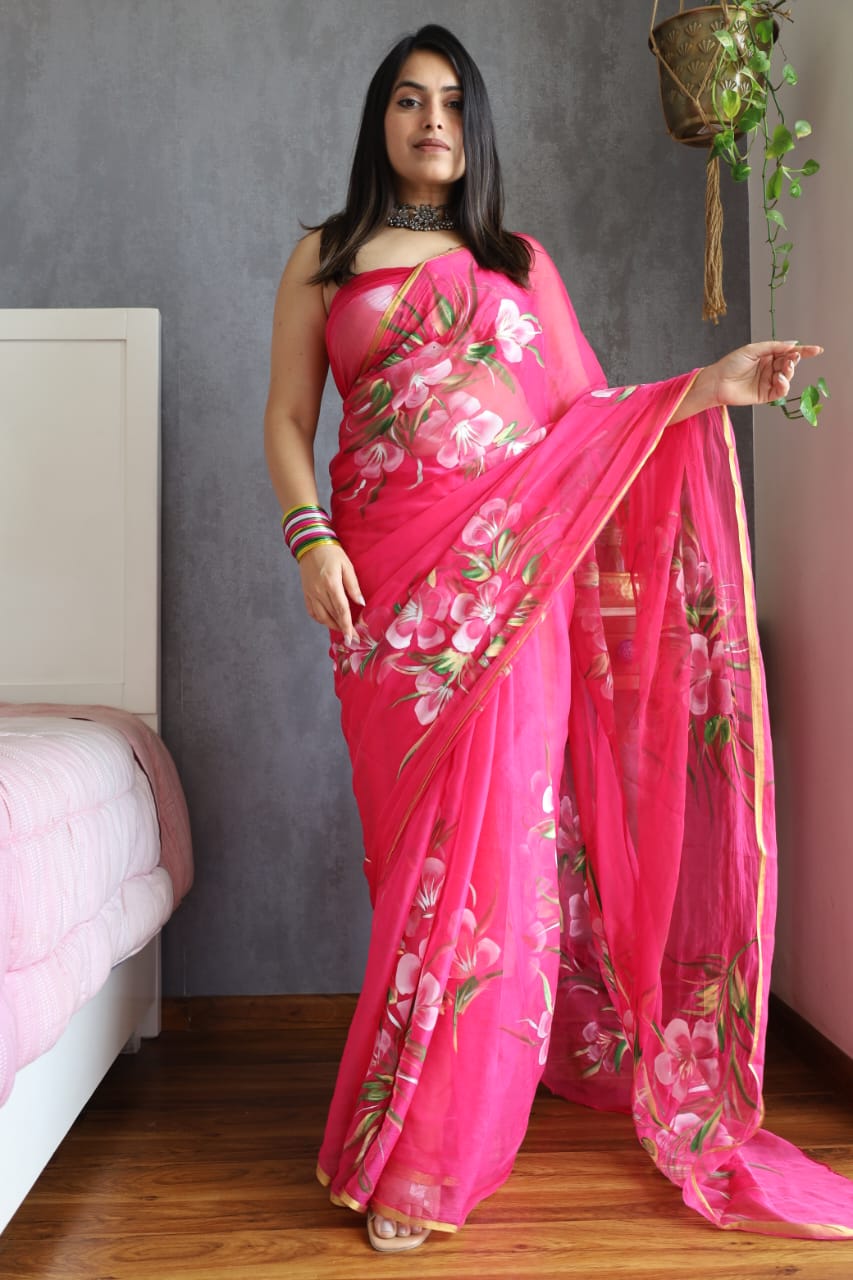 Handpainted chiffon saree in pastel Jaipur color palette