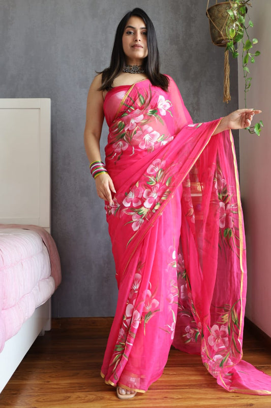 Handpainted chiffon saree in pastel Jaipur color palette