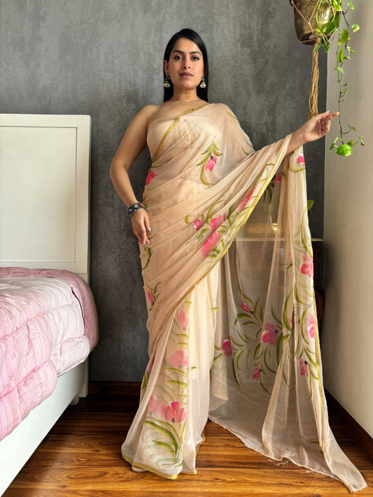 Lightweight chiffon saree with handpainted motifs for special events