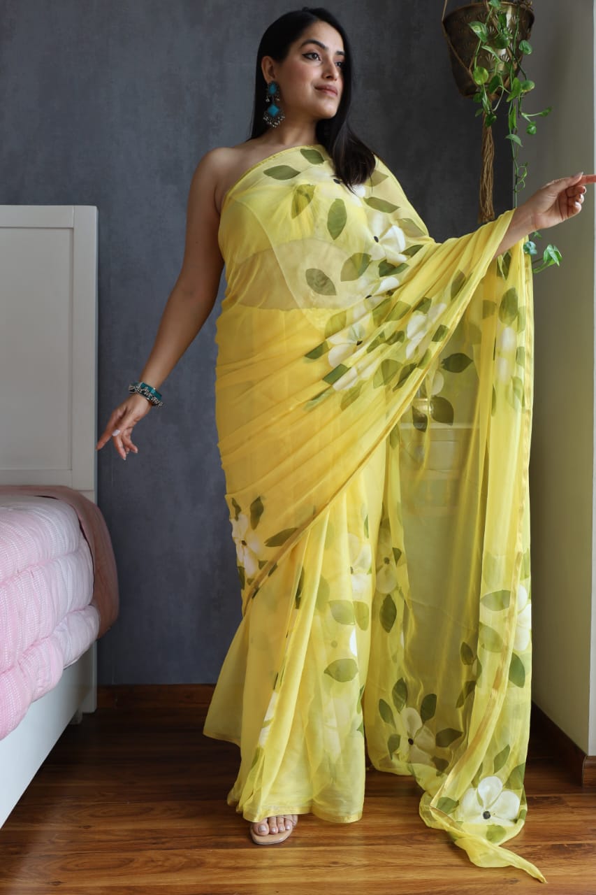 Handpainted chiffon saree with soft, flowing drape