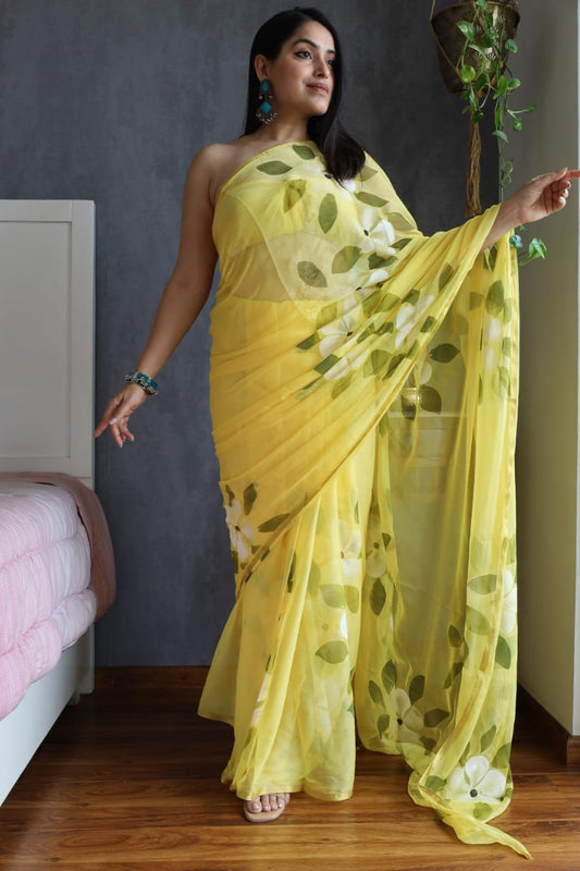 Handpainted chiffon saree with soft, flowing drape