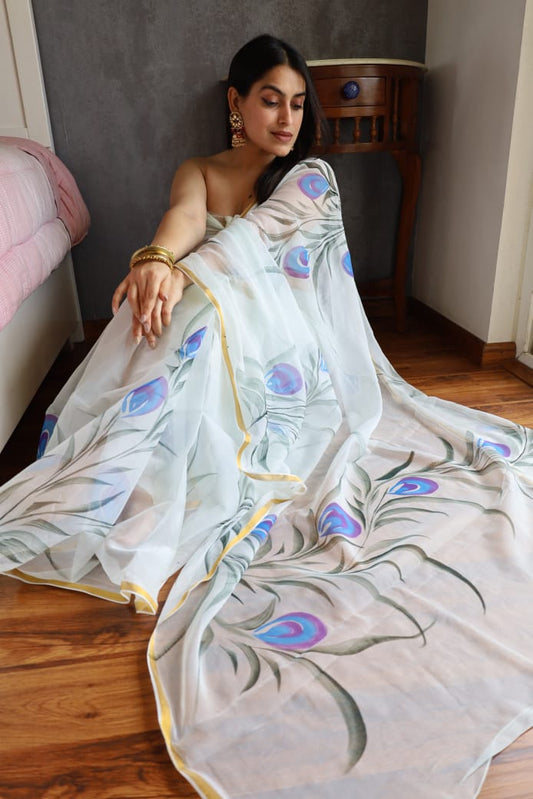 Handpainted chiffon saree in vibrant Rajasthan-inspired design