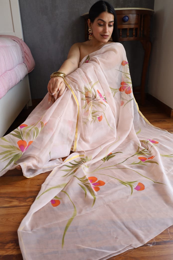 Delicate chiffon saree with handcrafted Jaipur painting