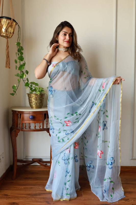 Handpainted chiffon saree with ethereal traditional Jaipur patterns