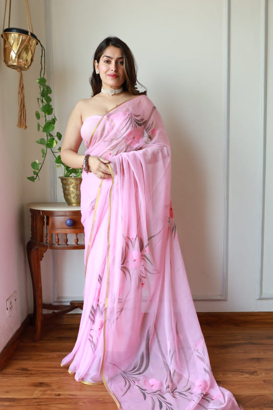 Ethereal chiffon saree with Jaipur artisan handpainted motifs