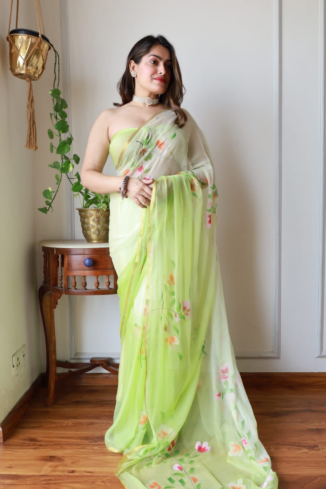Handpainted chiffon saree in Jaipur traditional design