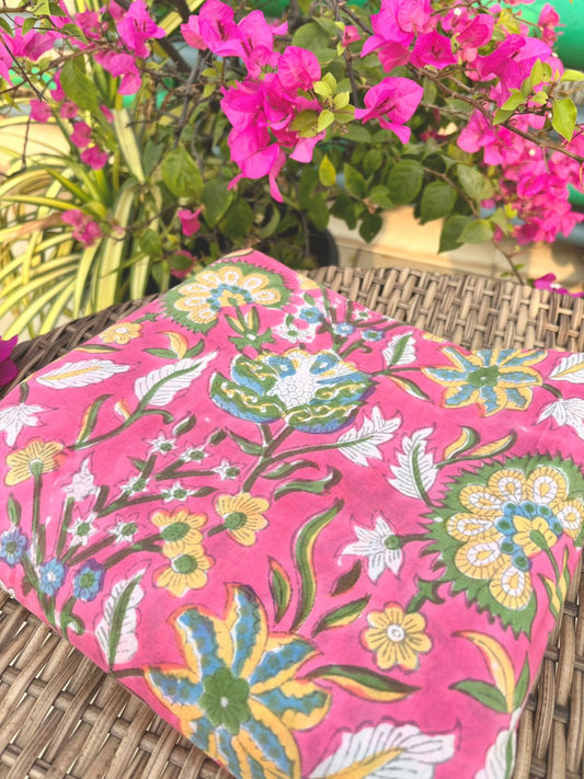 Pink Handblock Pure Cotton Fabric | Gulmohar Collection