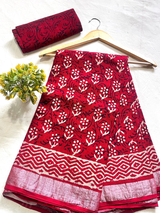 RED BLOSSOM COTTON LINEN SAREE