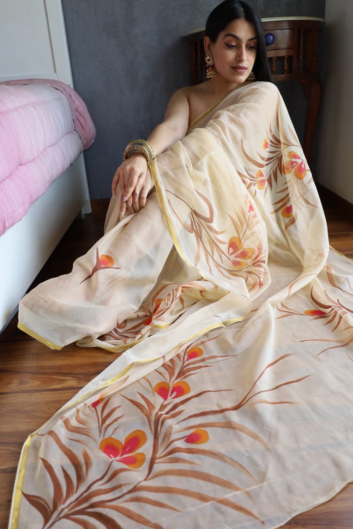Sustainable slow-made chiffon saree with Jaipur artisan prints