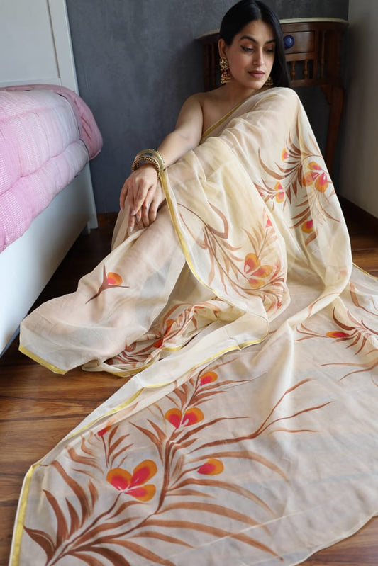Sustainable slow-made chiffon saree with Jaipur artisan prints