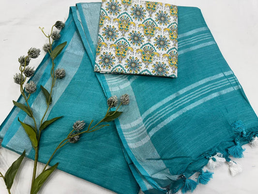 Ethically Made Cotton Linen Saree – Plain & Versatile