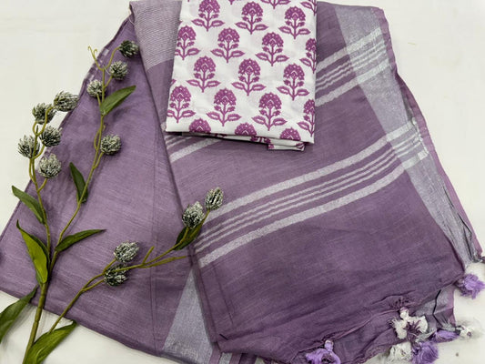 Handcrafted plain cotton linen saree from Jaipur