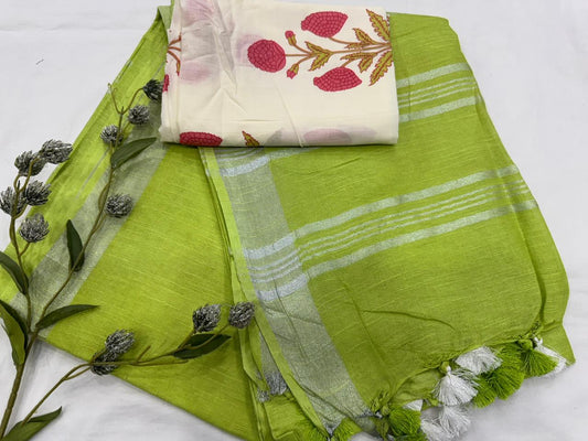 Jaipur Handwoven Cotton Linen Saree – Soft Everyday Wear