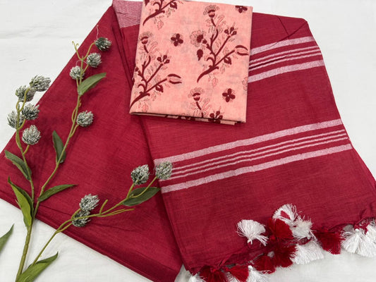 Ethically Made Jaipur Cotton Linen Saree – Lightweight & Plain