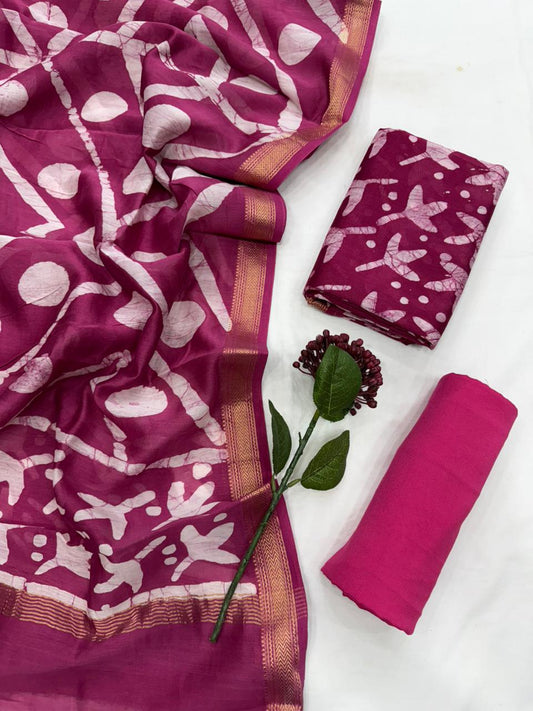 SHIVANI - 3pc Maheshwari Silk Unstitched Bagru Print Dress Material