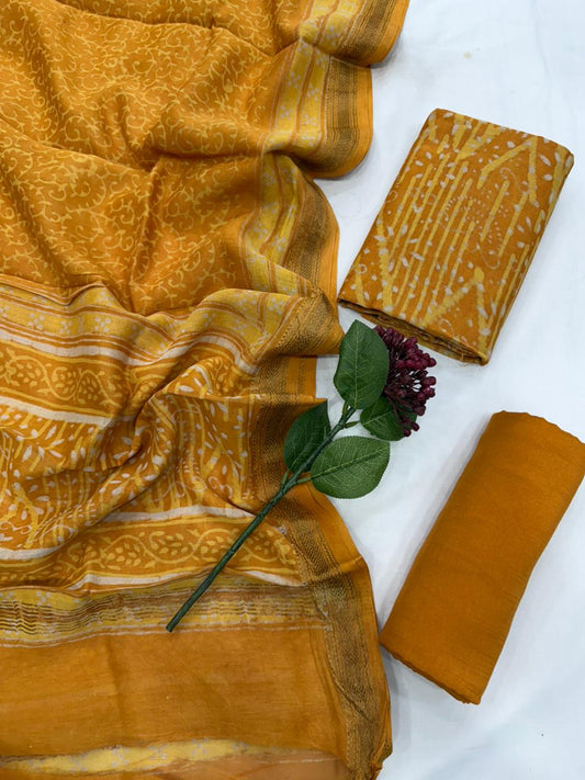JAYA - 3pc Maheshwari Silk Unstitched Bagru Print Dress Material