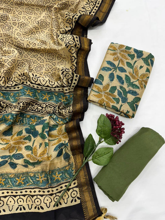 PRAGYA  - 3pc Maheshwari Silk Unstitched Bagru Print Dress Material