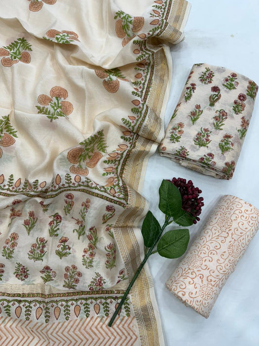 MISHA - 3pc Maheshwari Silk Unstitched Bagru Print Dress Material