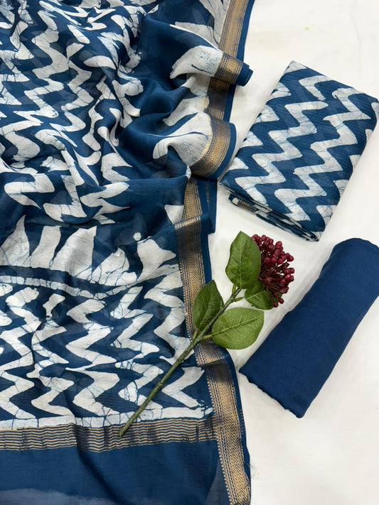 KAVERI - 3pc Maheshwari Silk Unstitched Bagru Print Dress Material