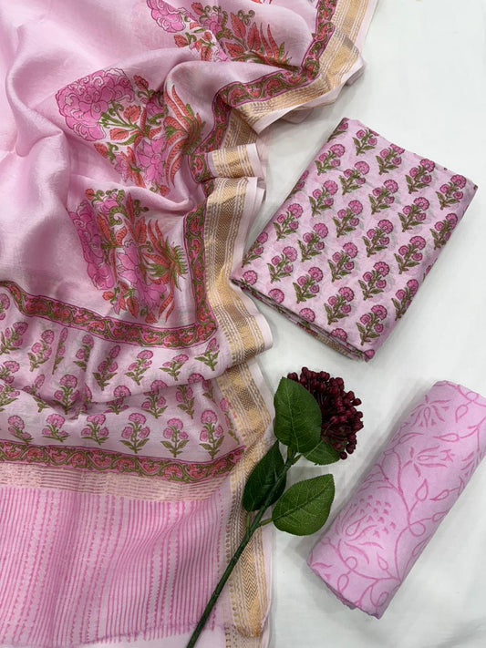 RIDHI - 3pc Maheshwari Silk Unstitched Bagru Print Dress Material