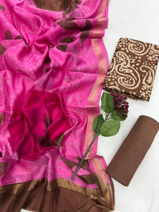 SARIKA - 3pc Maheshwari Silk Unstitched Bagru Print Dress Material