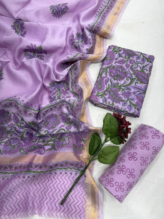 PARI - 3pc Maheshwari Silk Unstitched Bagru Print Dress Material