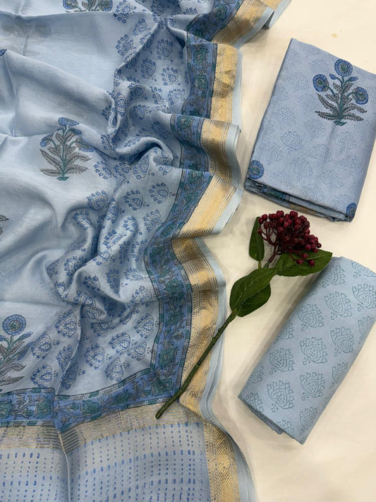 ISHA  - 3pc Maheshwari Silk Unstitched Bagru Print Dress Material