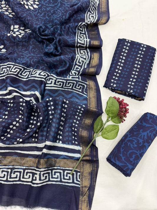 MINI - 3pc Maheshwari Silk Unstitched Bagru Print Dress Material
