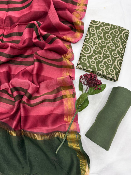 DHRITI - 3pc Maheshwari Silk Unstitched Bagru Print Dress Material