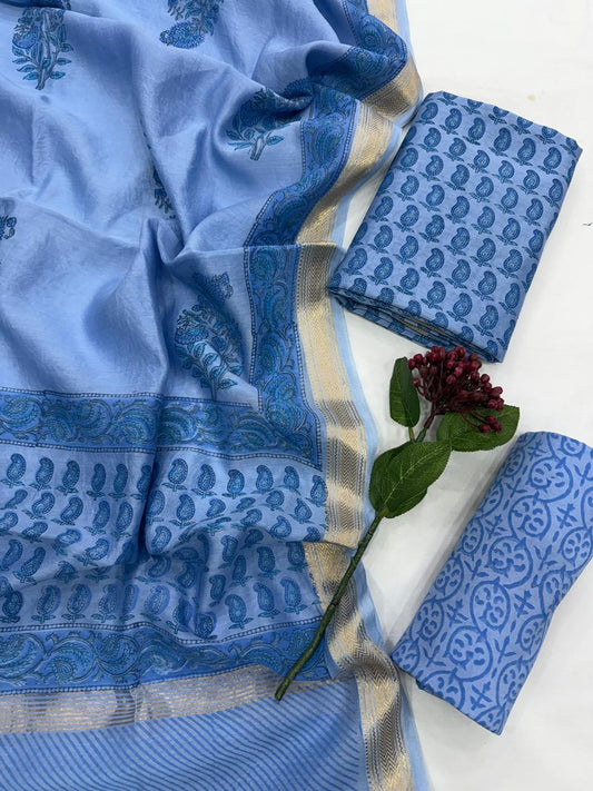 JIYA - 3pc Maheshwari Silk Unstitched Bagru Print Dress Material