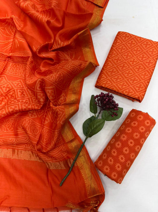 DHWANI - 3pc Maheshwari Silk Unstitched Bagru Print Dress Material