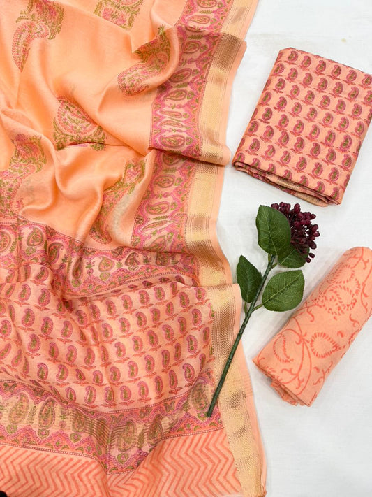 MEGHA - 3pc Maheshwari Silk Unstitched Bagru Print Dress Material